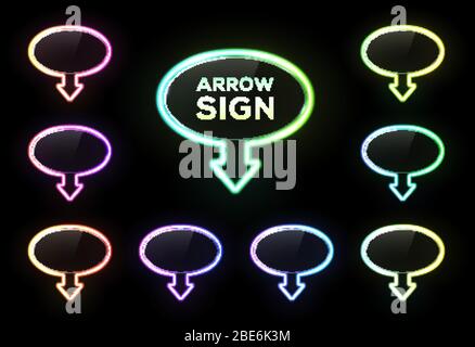 Colorful oval neon lights banner design set. Glowing electric illuminated arrow signs with glass texture plate on black background. Gradient elements Stock Vector