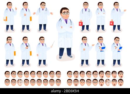 Flat male doctor character design set on white background. Young Caucasian physician in white coat. Medical staff with stethoscope first aid kit emoti Stock Vector