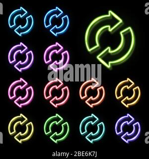 Color neon 2 in circle arrows set on black background. Zero Waste Reuse Recycle icon for web internet. Glowing light recycling symbol. Refresh reload Stock Vector