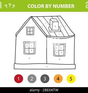 Color cute cartoon country house by numbers. Easy Educational game for kids. Stock Vector