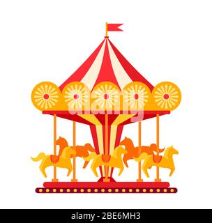 Carousel with horses in amusement park flat. Colorful childrens round swing cartoon. Horses traditional fairground vintage carousel. Festivals outdoor summer kid fun time. illustration Isolated vector Stock Vector