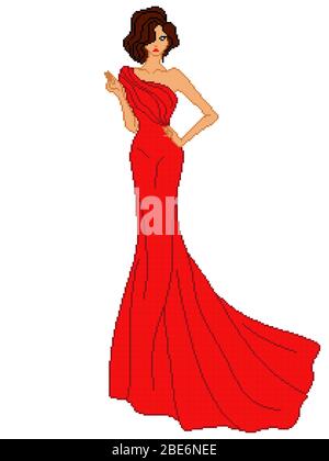 Abstract of charming and beautiful lady in red long dress isolated on the white background, color pixelated illustration, can be used in embroidery Stock Vector
