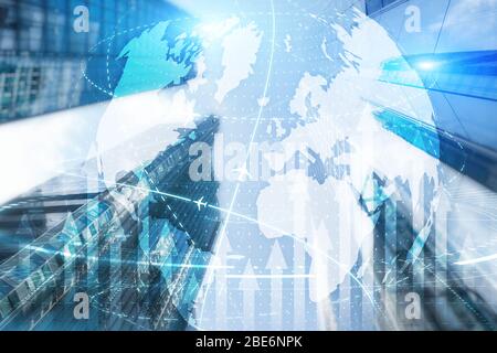 Virtual interface connection map of flight routes airplanes network use for global travel network Stock Photo