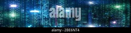 Binary computer code virtual city skyline. Matrix Mixed Media Background. Stock Photo