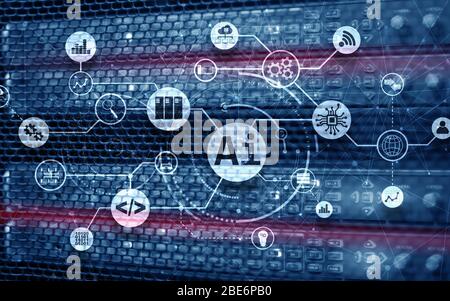 Artificial Intelligence. AI. Infographic illustration on fantastic computer center. Stock Photo
