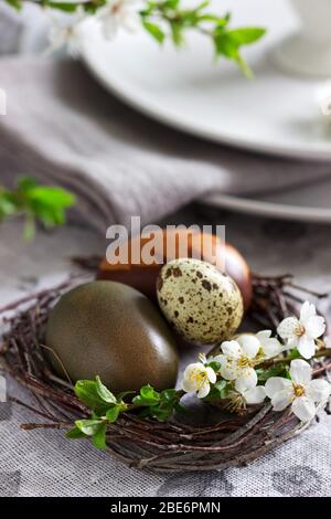 Decorated Easter table with blooming cherry plum. Stock Photo