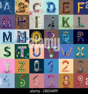 3d alphabet illustration with letters and numbers Stock Photo