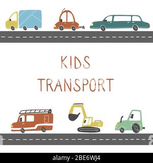 Set of cartoon cute kids and toy style cars and other transport, truck, truck, ship,excavator, bus. Isolated vector illustration. Stock Vector