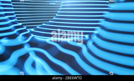 Abstract topographic 3D map of dangerous mountain terrain. Neon contour lines on the map glow. Studying the geography of the area: hills, mountains Stock Photo