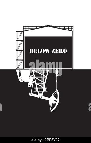 Oil prices crash below zero concept vector illustration. Pumpjack pumps out petroleum from the storage. Stock Vector