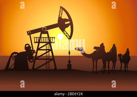 Petroleum pumpjack and camel riders silhouette vector illustration. Oil well in arabian desert. Stock Vector