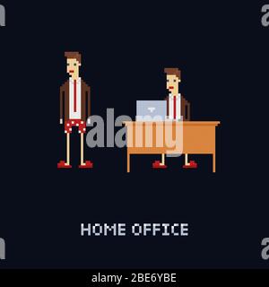 Vector pixel art character - young male worker at home, wering office suit and tie with underpants and slippers. isolation, freelance work. cartoon 8 Stock Vector