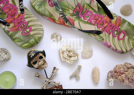 flat lay souvenirs from Puerto Rico San Juan on the white background Stock Photo