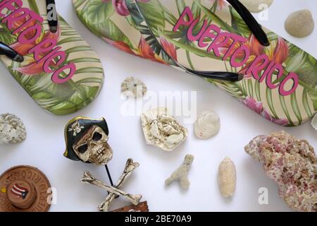 flat lay souvenirs from Puerto Rico San Juan on the white background Stock Photo