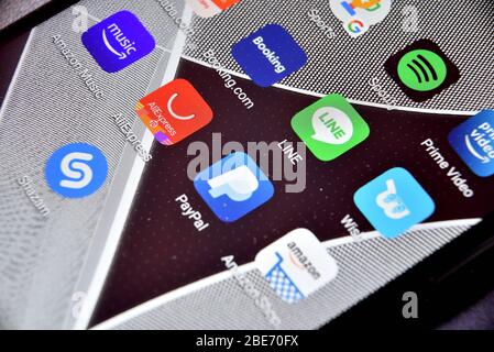 Valverde (CT), Italy - April 12, 2020: Close-up view of Line icon app on an Android smartphone, including other icons. Stock Photo