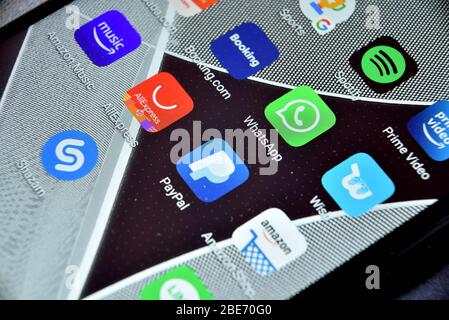 Valverde (CT), Italy - April 12, 2020: Close-up view of WhatsApp icon app on an Android smartphone, including other icons. Stock Photo