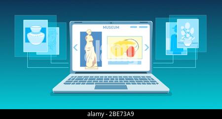 Online art gallery banner. Virtual museum in modern laptop on tech background. Online exhibition Tours, Internet technology. Home leisure on mobile devices. Web tourism Vector concept. Stock Vector