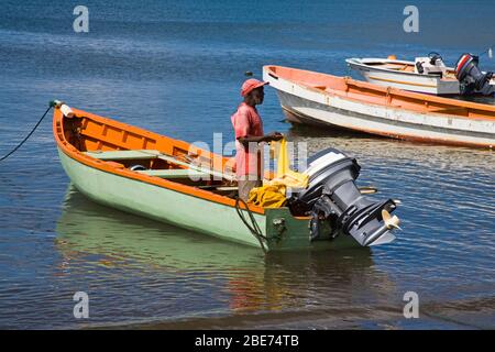 Fishing boats in Prince Rupert Bay, Portsmouth City, Dominica, Lesser Antilles, Windward Islands, Caribbean Stock Photo