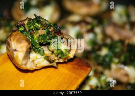 Mushrooms baked in the oven with cheese, green onions and dill. Close up Stock Photo