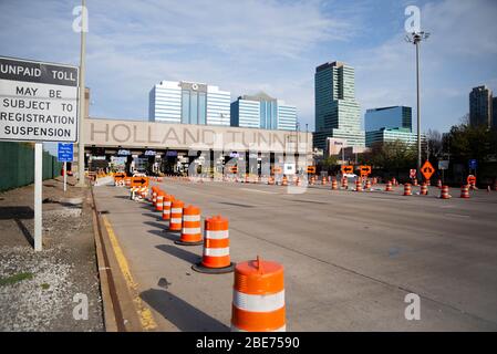 Jersey City, NJ - April 12 2020: The Holland Tunnel entrance into NYC with no cars entering. Reduced traffic due to COVID-19 outbreak Stock Photo