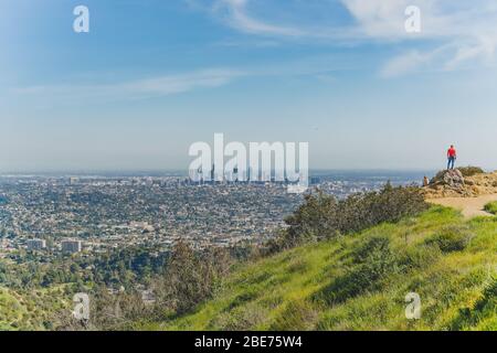 Los Angeles, California/USA - April 8, 2018 Griffith Park hiking trail. The area is famous for its Hollywood sign, Griffith Observatory, and spectacul Stock Photo