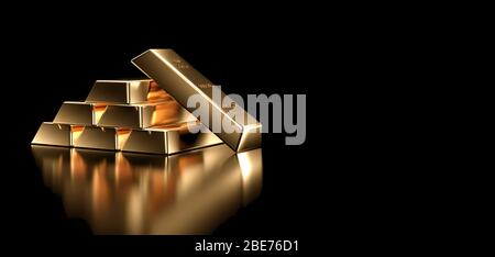 Pile of gold bars on a black background. Stock Photo