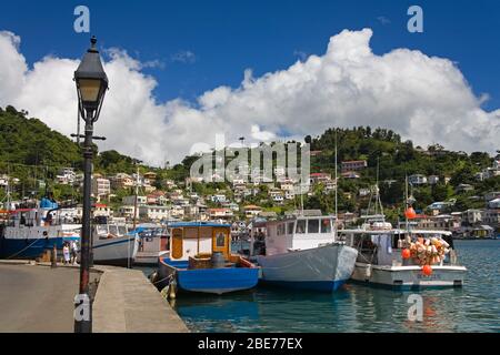 Fishing Boats in Carenage Harbour, City of St. George's, Grenada, Lesser Antilles, Caribbean Stock Photo