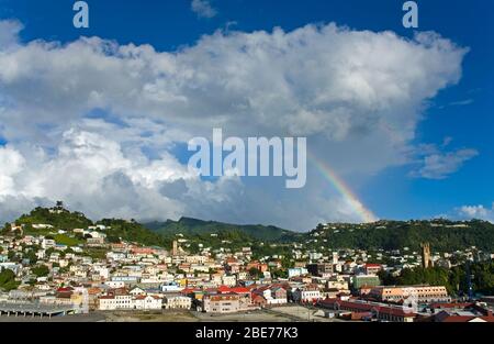 Rainbow over the Esplanade area, City of St. George's, Grenada, Lesser Antilles, Caribbean Stock Photo