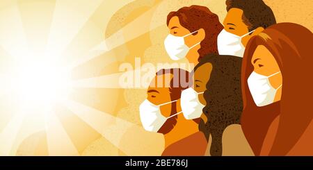 Vector illustration of multinational group of people in medical mask look into the future with hope. Coronavirus COVID-19 pandemia concept.. Stock Vector