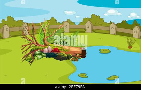 fallen tree on small mushroom plants and leaves at river edge in the garden Stock Vector