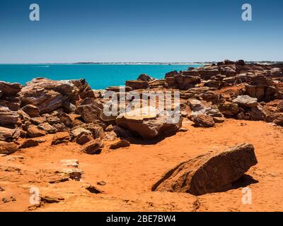 Red pindan and turquoise Indian Ocean, Gantheaume Point, Broome, The Kimberley, Western Australia, Australia Stock Photo