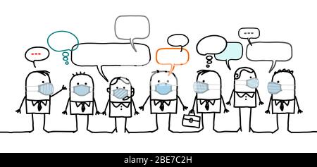 Hand drawn Cartoon business people with protection masks and social network Stock Vector