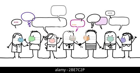 Hand drawn Cartoon people with protection masks and social network Stock Vector