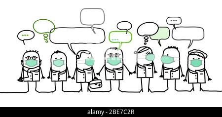 Hand drawn Cartoon medical people with protection masks and social network Stock Vector