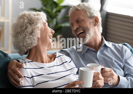 Happy mature couple having fun, drinking tea at home together Stock Photo