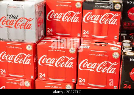 Diet cola and coke coca cola in boxes on sale in an australian supermarket Stock Photo