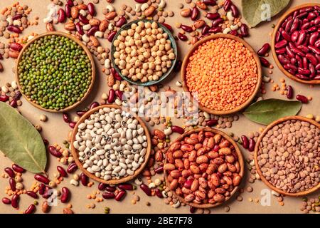 Legumes assortment, shot from above on a brown background. Lentils, soybeans, chickpeas, red kidney beans, a vatiety of pulses Stock Photo