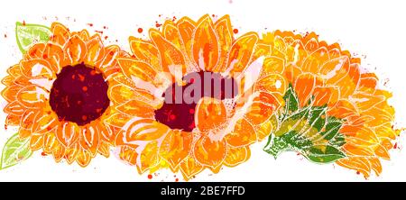 Vector watercolor sunflowers border bouquet for a wedding invitation or a greeting card Stock Vector