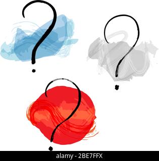 Vector question marks set, hand drawn in ink with watercolor brush strokes, the concept of inquiries, doubts, choice etc Stock Vector