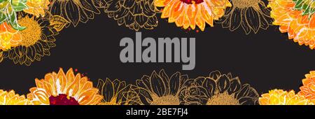 Vector panorama with watercolor sunflowers on a black background and a place for text Stock Vector
