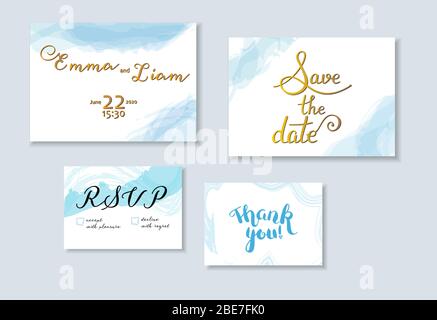 Vector wedding invitation set with Save the Date, RSVP and Thank You cards, suitable for hot foil stamping, with elegant letteting and watercolor Stock Vector