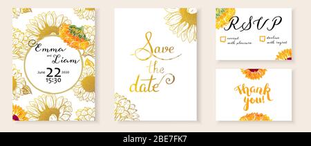 Vector wedding invitation set with Save the Date, RSVP and Thank You cards, suitable for hot foil stamping, with letteting and elegant watercolor Stock Vector