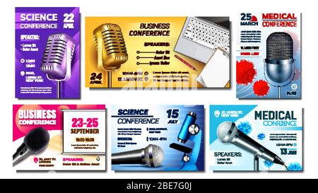 Conference Creative Advertising Posters Set Vector Illustration Stock ...