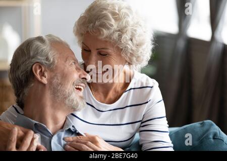 Happy older woman and man having fun together close up Stock Photo