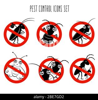 Stop pests concept. Pest control icons set. Collection of signs for informational and institutional related sanitation and care with funny cute cartoo Stock Vector