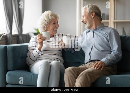 Happy mature couple drinking tea in cozy living room Stock Photo
