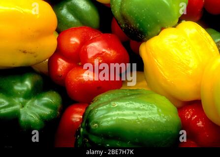 Red, yellow, and green bell peppers Stock Photo