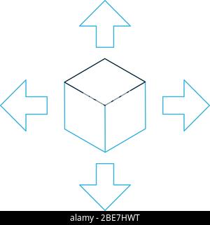 Delivery logistic cube box package with four arrows in different directions. Stock Vector illustration isolated on white background. Stock Vector