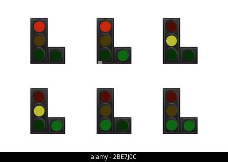 Set of traffic lights. Red, yellow and green. The traffic is straight and right. Vector illustration. Stock Vector