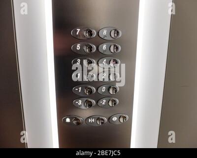 Buttons with floors numbers in an elevator / lift Stock Photo